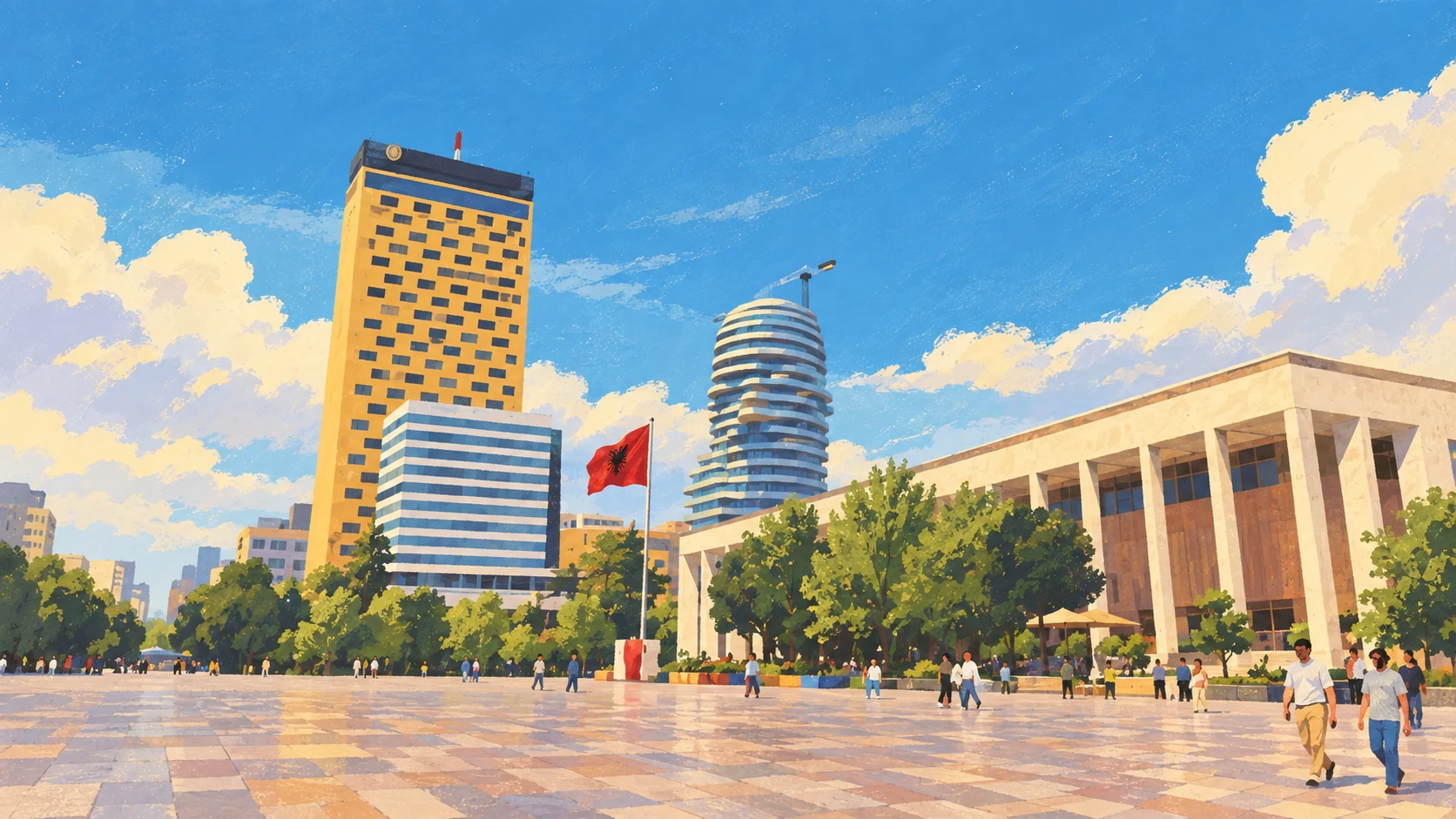 La plaza principal de Tirana con la bandera albanesa