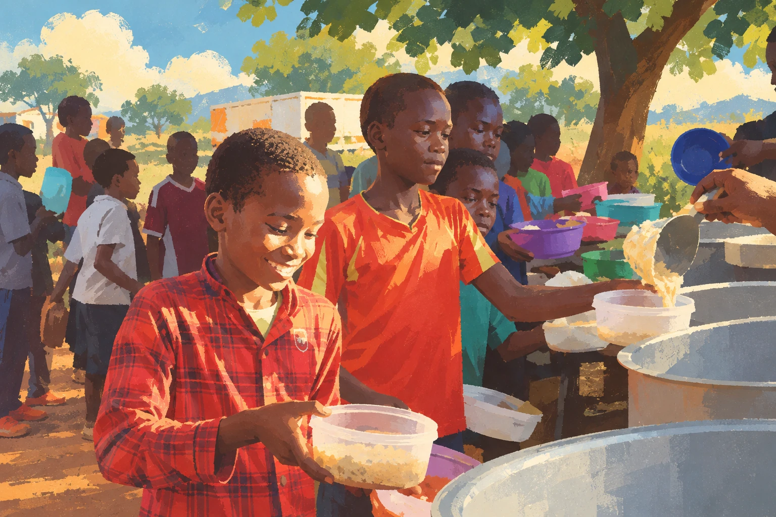 Children holding out their bowls at a meal distribution