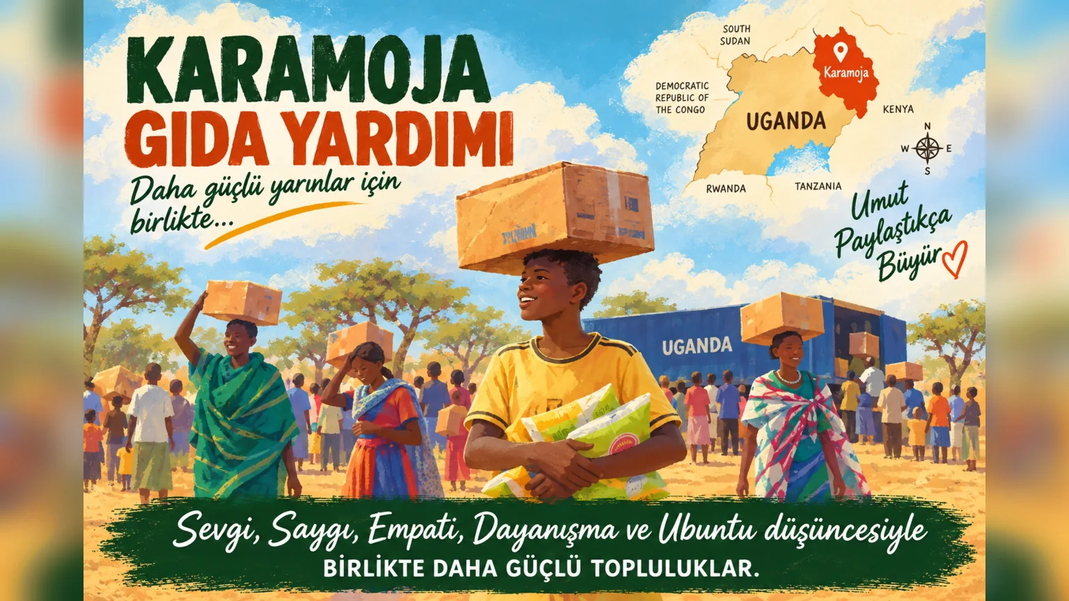 karamoja gıda yardımı afişi, başlarında koli taşıyan insanlar ve uganda haritası
