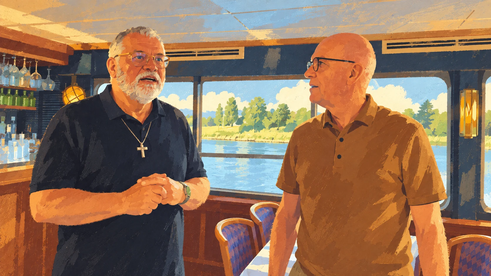 Dos invitados conversando a bordo del Arca de Noé