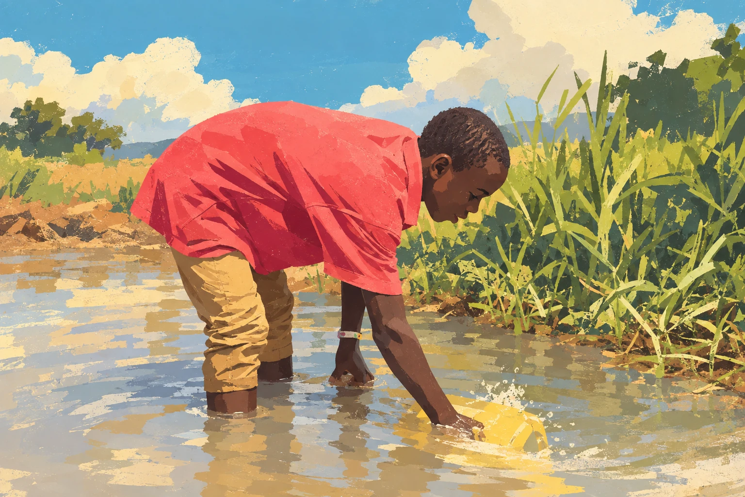 A young man filling a container from the water beside a field