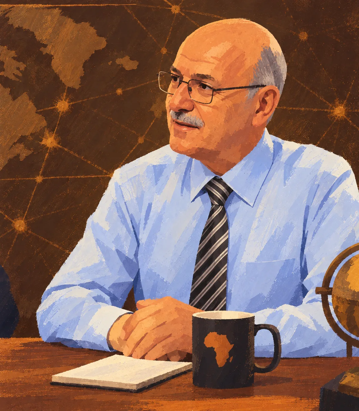 Akif Çevik at his desk, a world map on the wall behind him